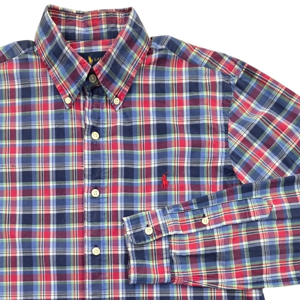 Polo Ralph Lauren Slim Fit Plaid Button Down Shirt Navy Red Green Mens Medium